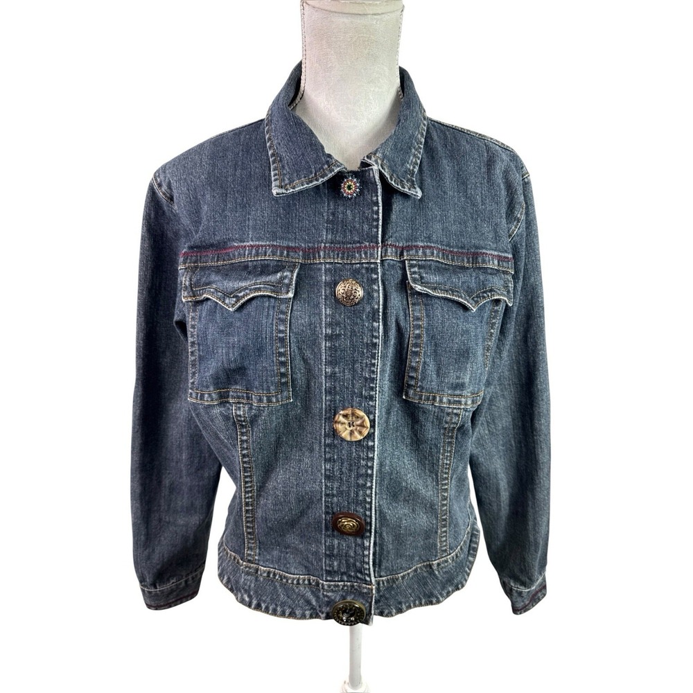 Cabi Women's L Denim Jacket Eclectic Front Buttons + Snaps Blue